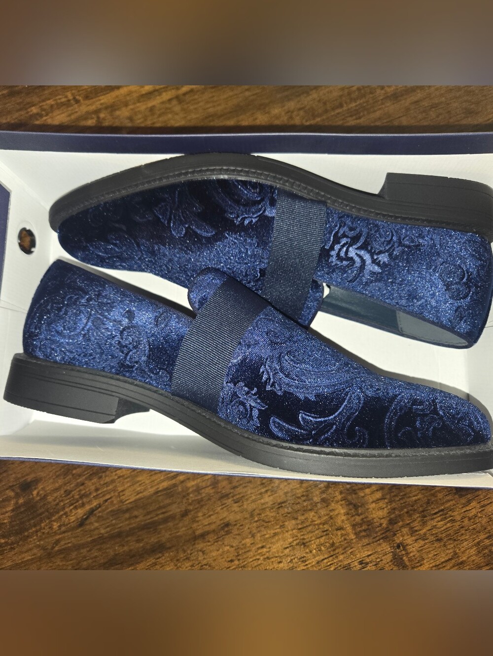 Men's 10.5 Navy Blue Velvet Slip-On Loafers with Paisley Texture. New